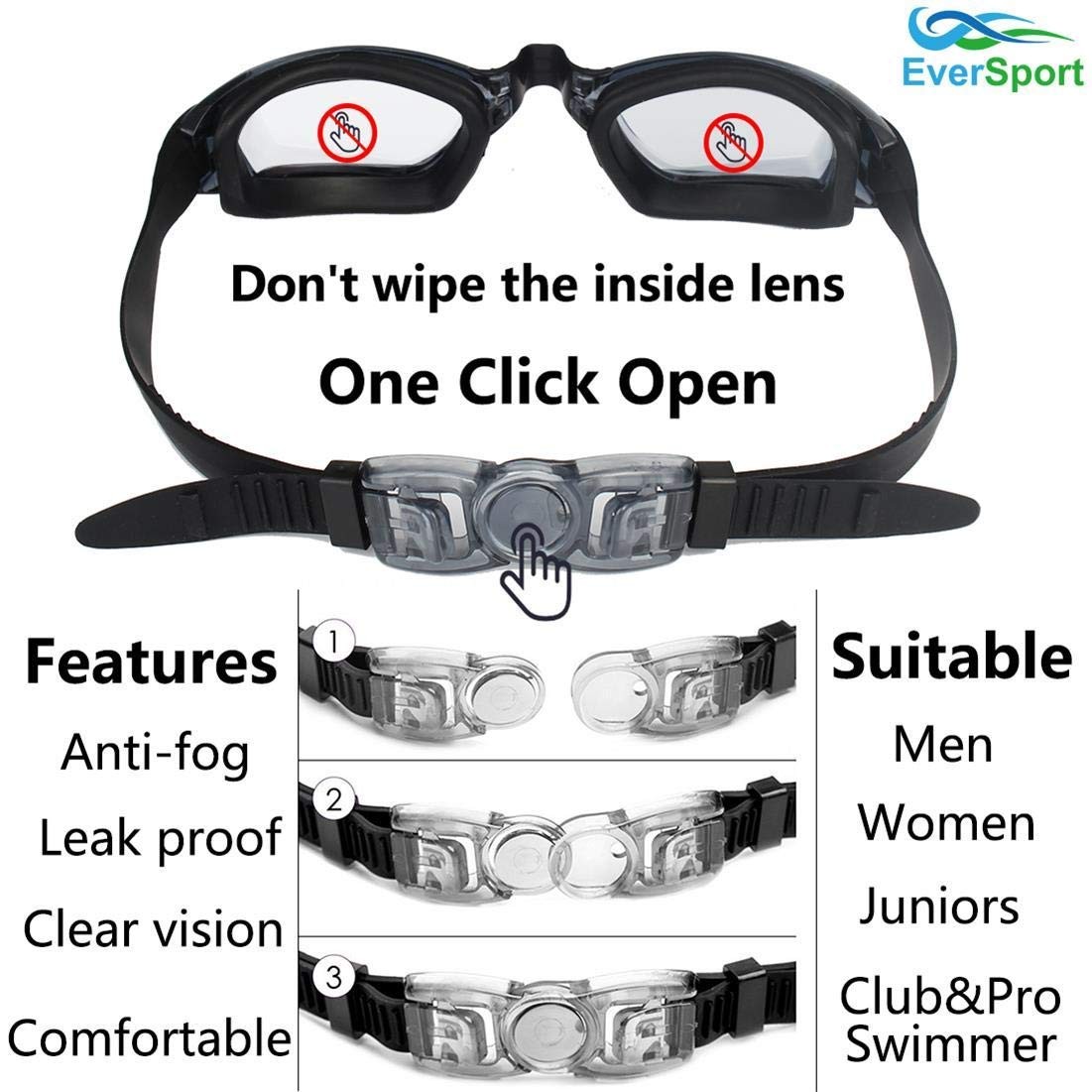 EverSport Swim Goggles, Swimming Glasses for Adult Men Crystal Blue & Black