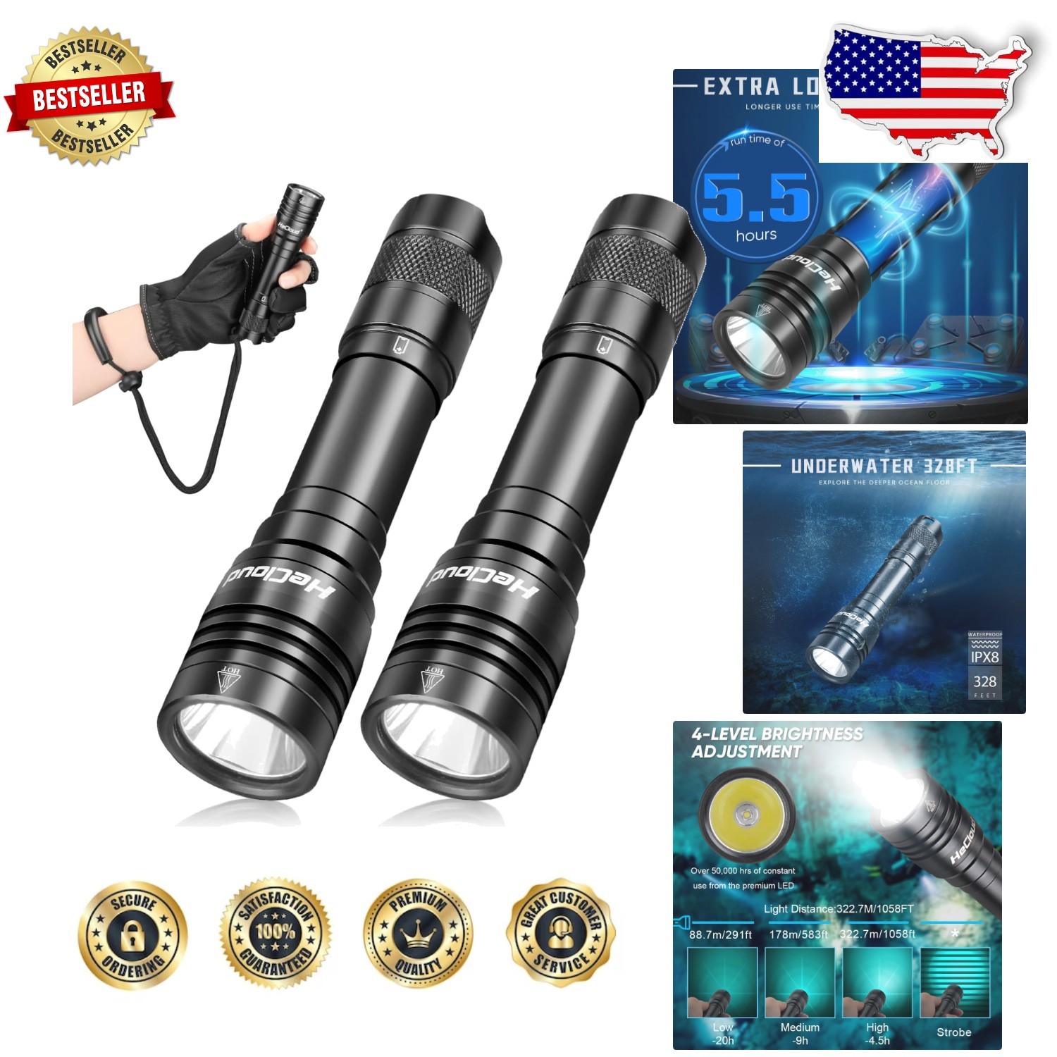 Super Bright Dive Flashlight 2-Pack, 3000LM, 328ft Waterproof, 4 Modes, Aluminum