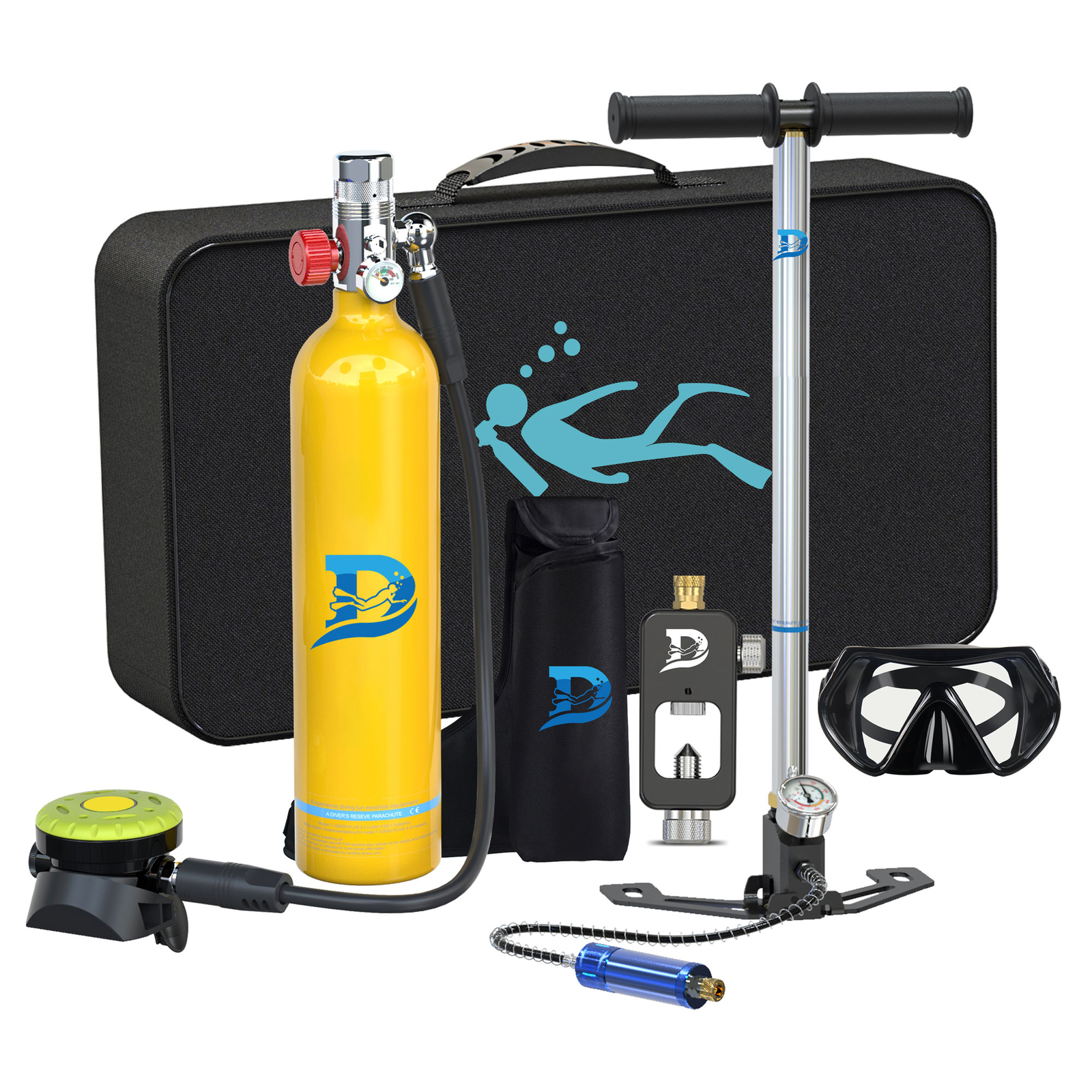 1L Mini Scuba Diving Gear Kit Diving Glasses Manual Pump for 15-20Min Underwater