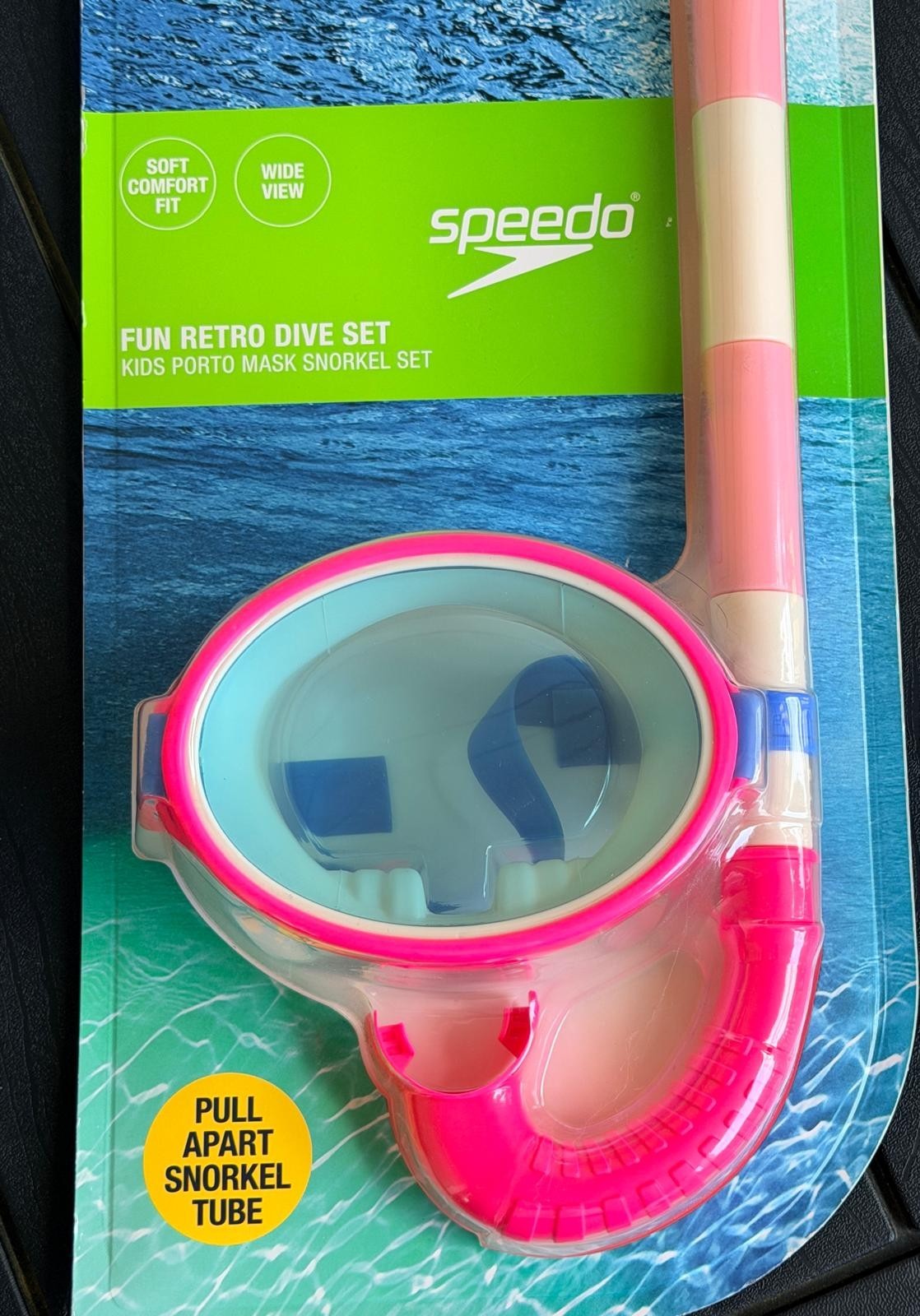 Speedo Kids Soft Snorkel Mask Set Fun Retro Wide View Pink Pull Apart Tube