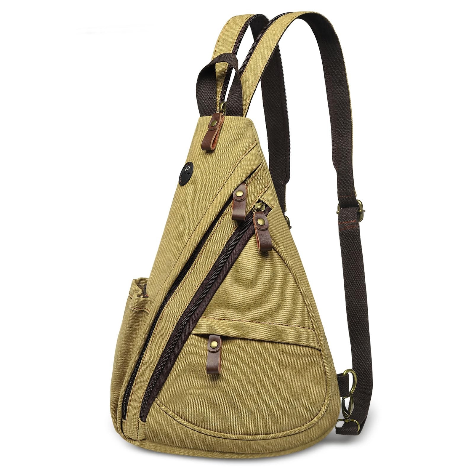 SUIKIHUM Vintage Canvas Sling Bag with Genuine Leather Standard, Khaki