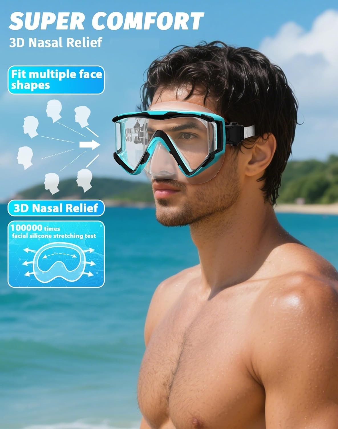 Set de Snorkel Adulto, Máscara 3 Ventanas Antivaho y Tubo Seco Antifugas