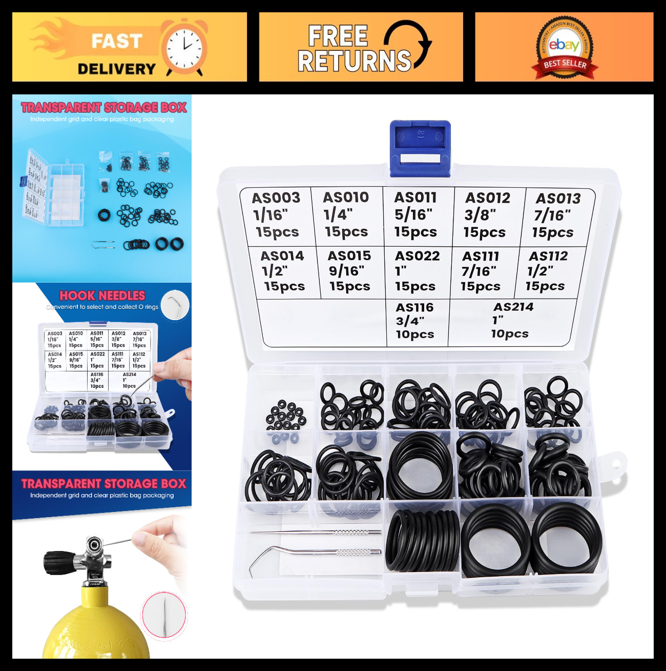 170 Pcs Scuba O Ring Kit, FKM90 Diving O-Rings & Stainless Steel Pick Set for Ta