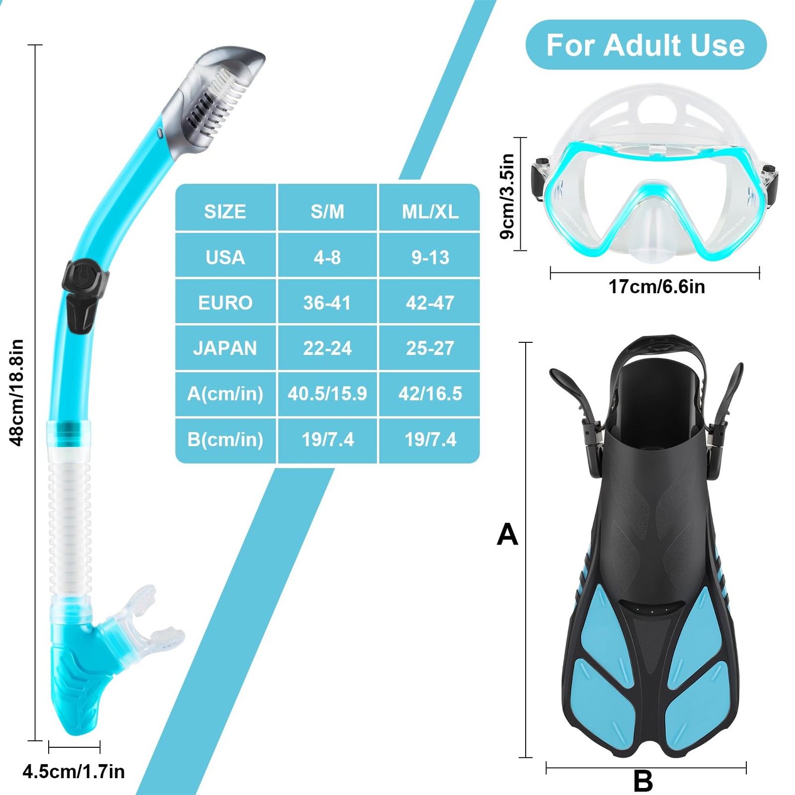 ZEEPORTE Mask Fin Snorkel Set with Adult Snorkeling Gear, Small-Medium, Blue