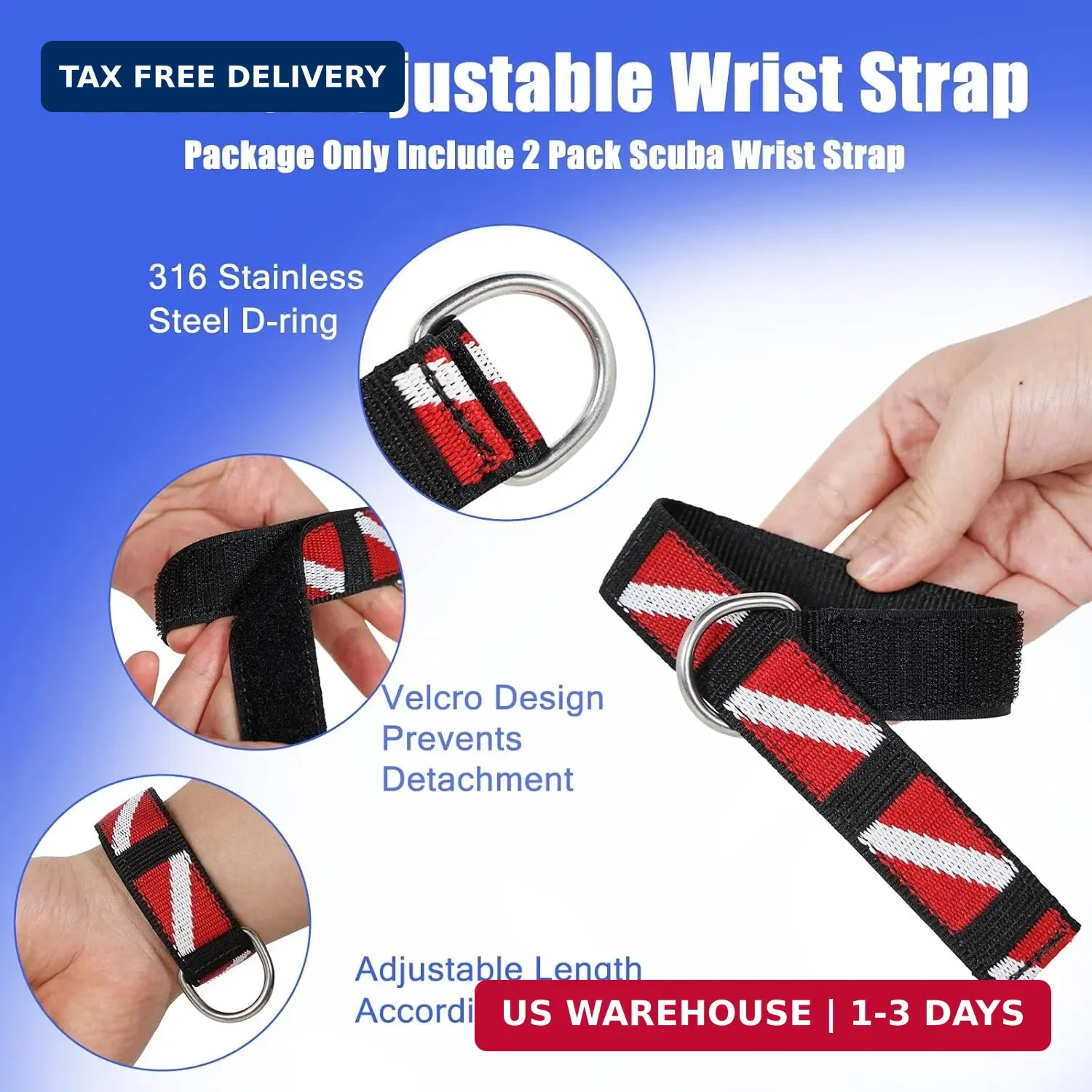 Scuba Diving Wrist Strap, Adjustable Dive Wristband with Stainless Steel D Ring