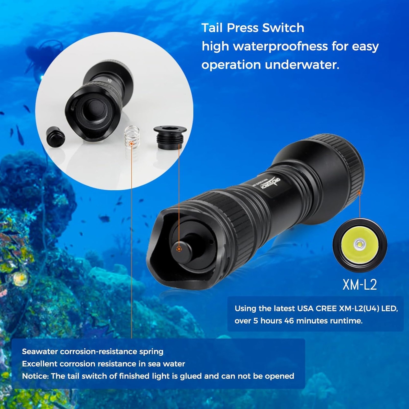 Orcatorch D550 Dive Light 1000 Lumens Scuba Diving Flashlight 3 Modes Ip68