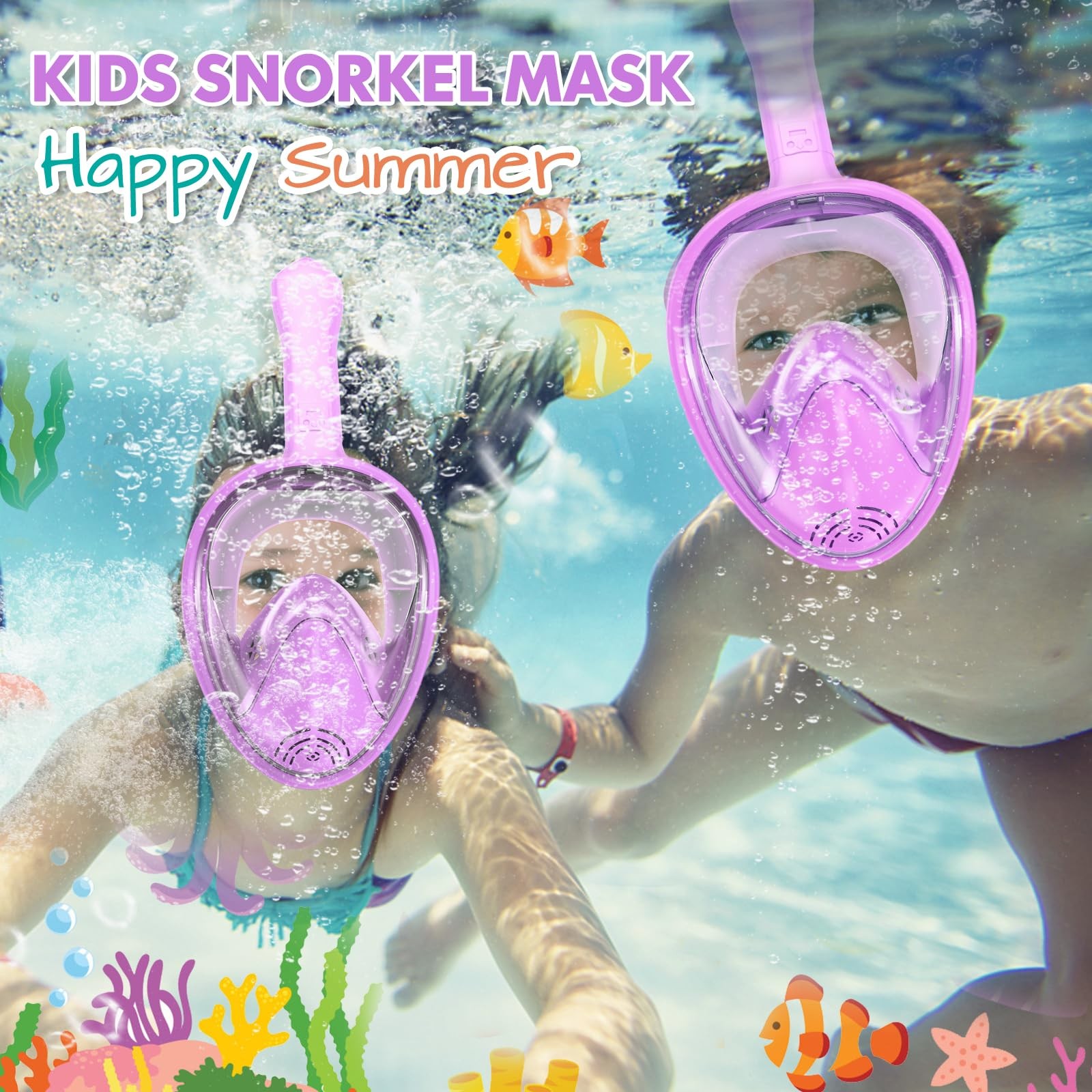 Kids Snorkel Mask Full Face, Snorkeling Gear for 2-14 with Camera Purple