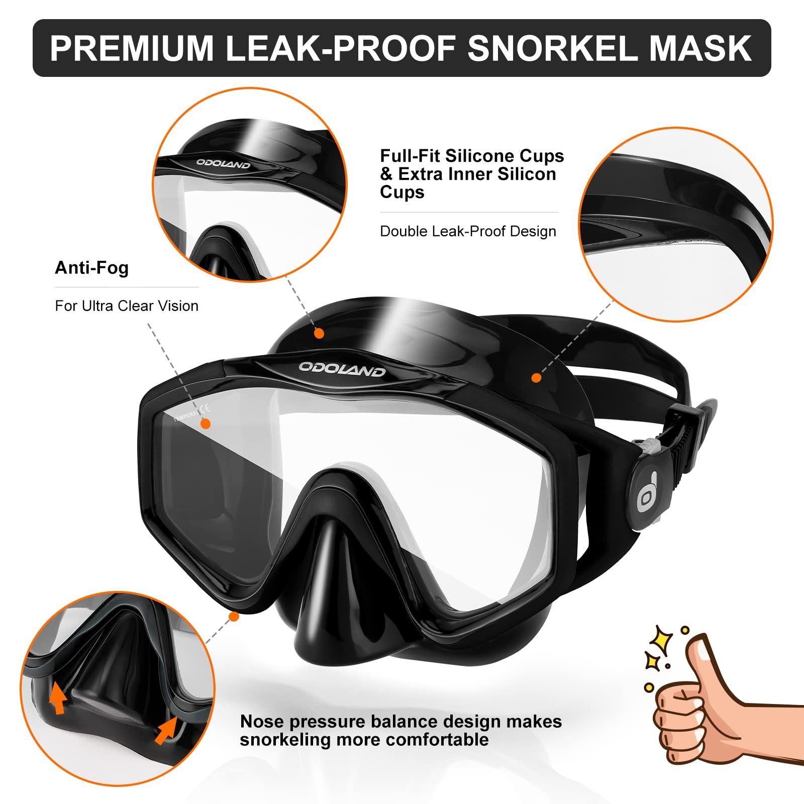 Odoland Adult Snorkel Set, Snorkeling L/XL (US Men 9-13/ Women 10-14), Black