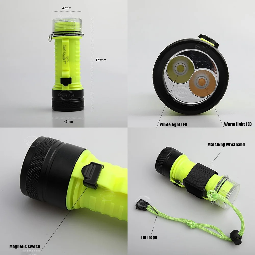 Professional Diving Flashlight IPX8 USB Rechargeable Light Scuba Diving Torch