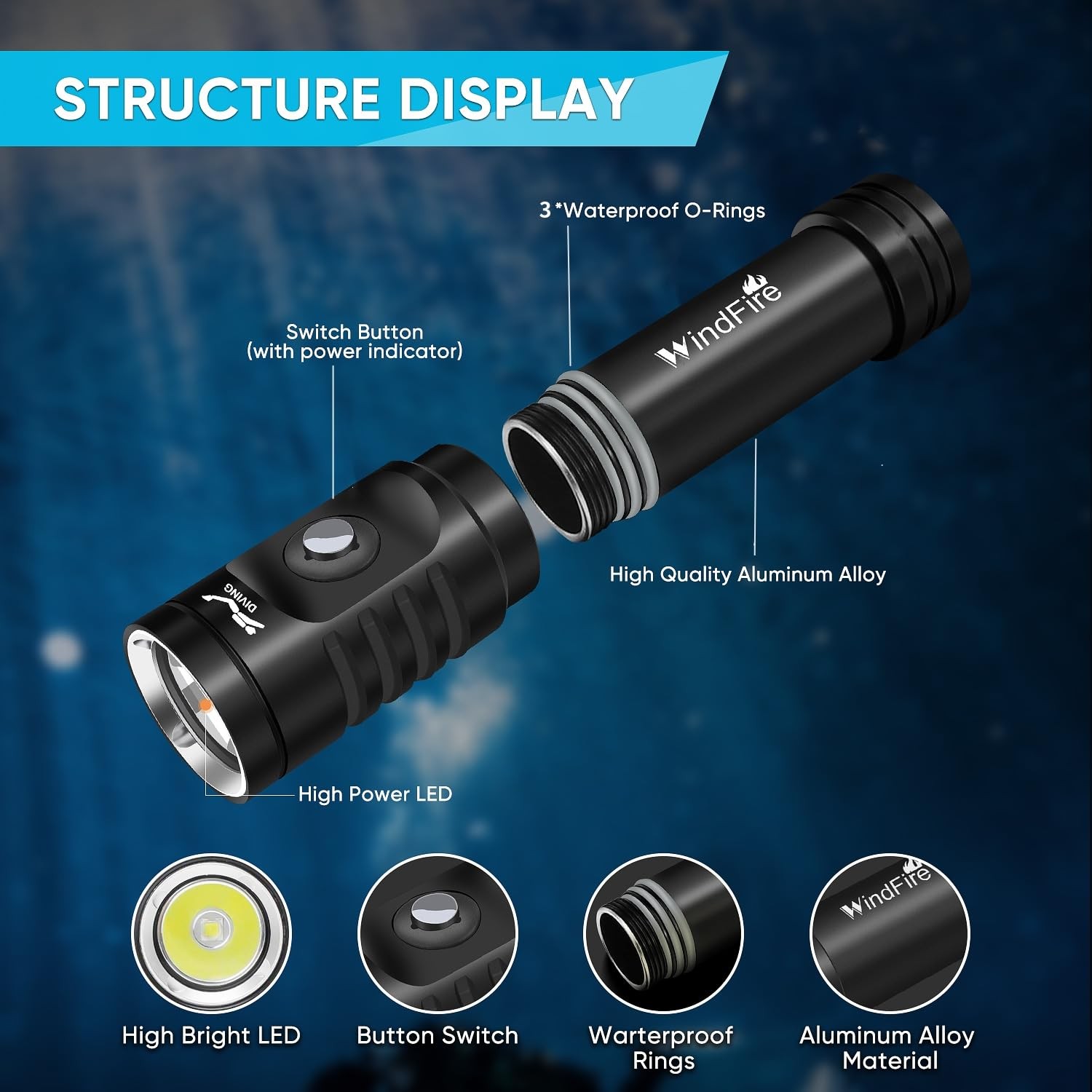 WINDFIRE Dive Light Scuba Diving Flashlight, Super Black-TS08, Black-TS08