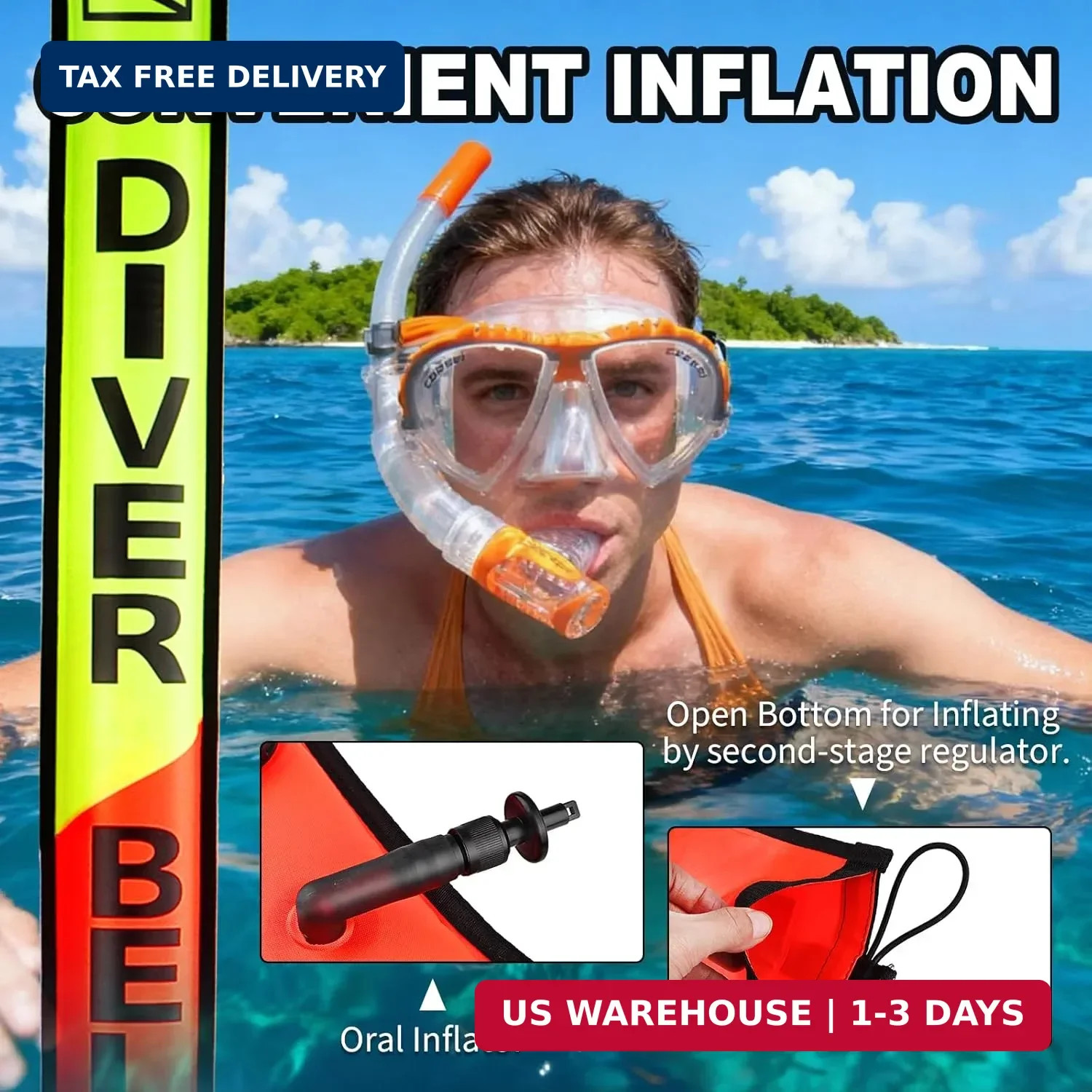 Surface Marker Buoy, 5ft Scuba SMB High Visibility Open Bottom Dive Buoy with Or