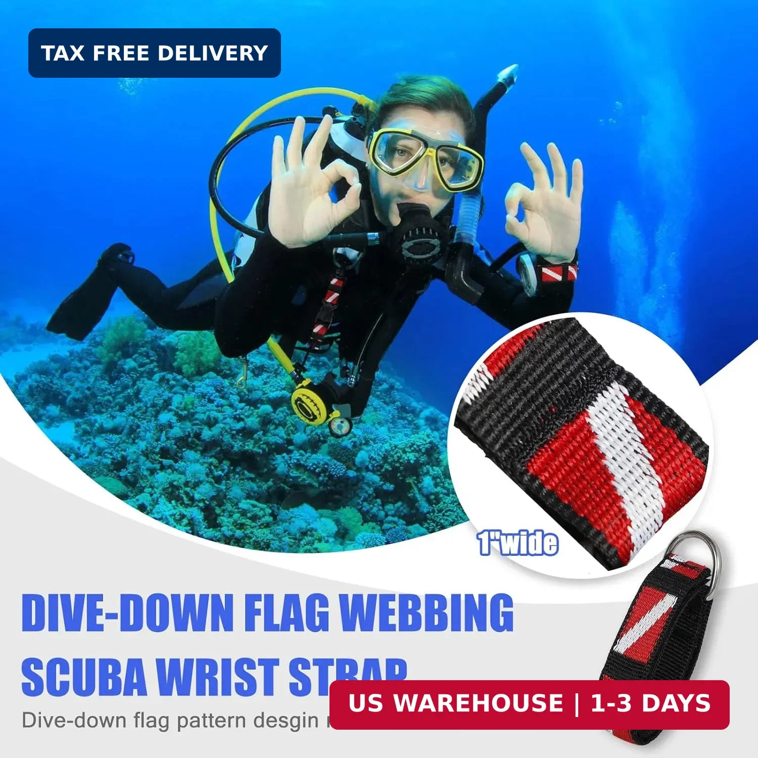 Scuba Diving Wrist Strap, Adjustable Dive Wristband with Stainless Steel D Ring