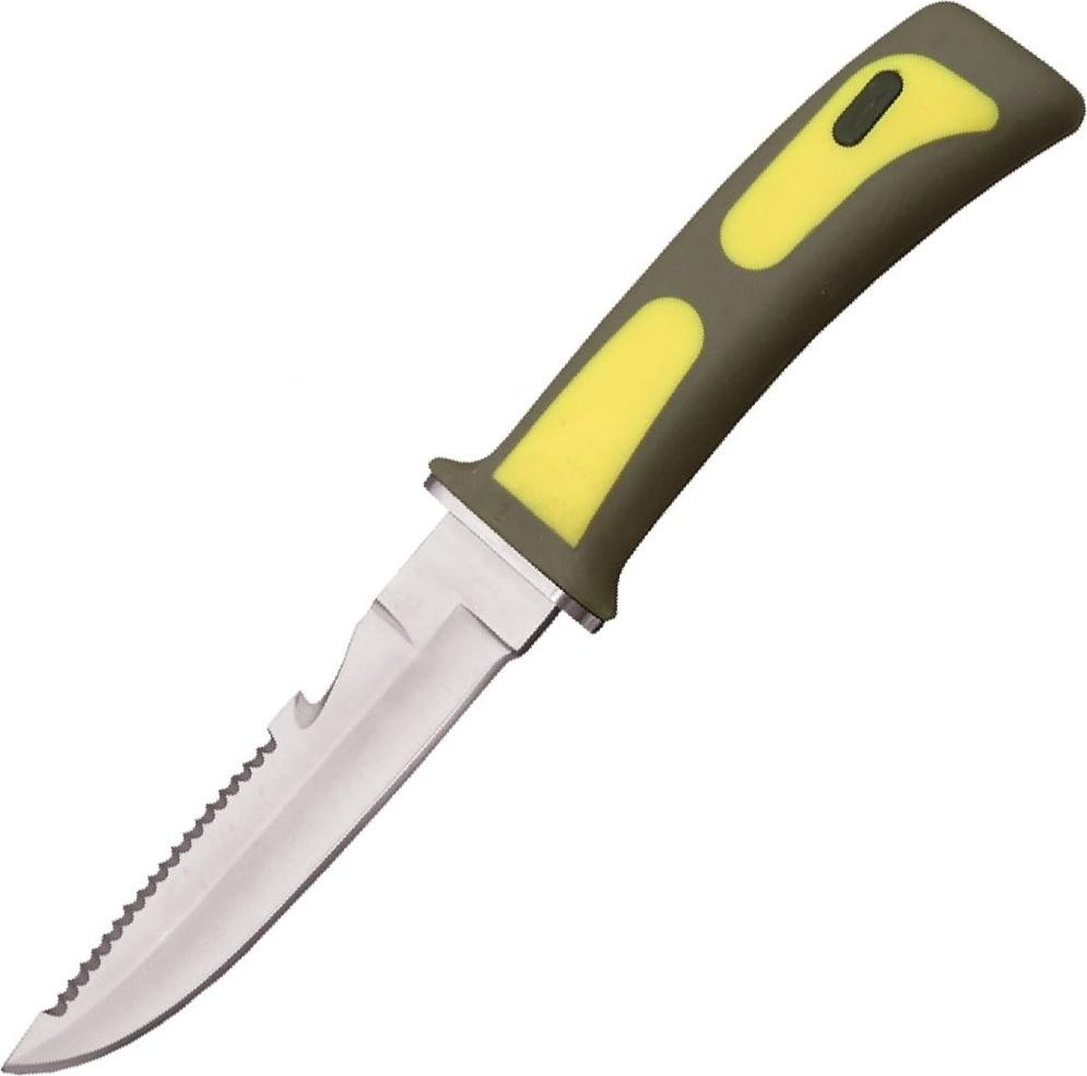 Diving Knife | Rite Edge 4in Stainless Steel Blade Yellow/Gray Rubber + Sheath