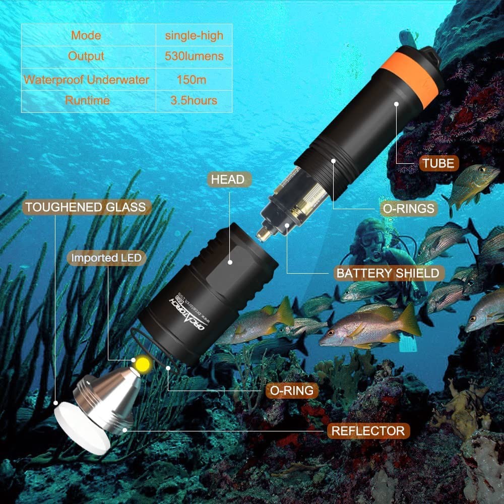 D580 Scuba Dive Light, Max 530 Lumens Underwater Flashlight with 6 Degrees Na…