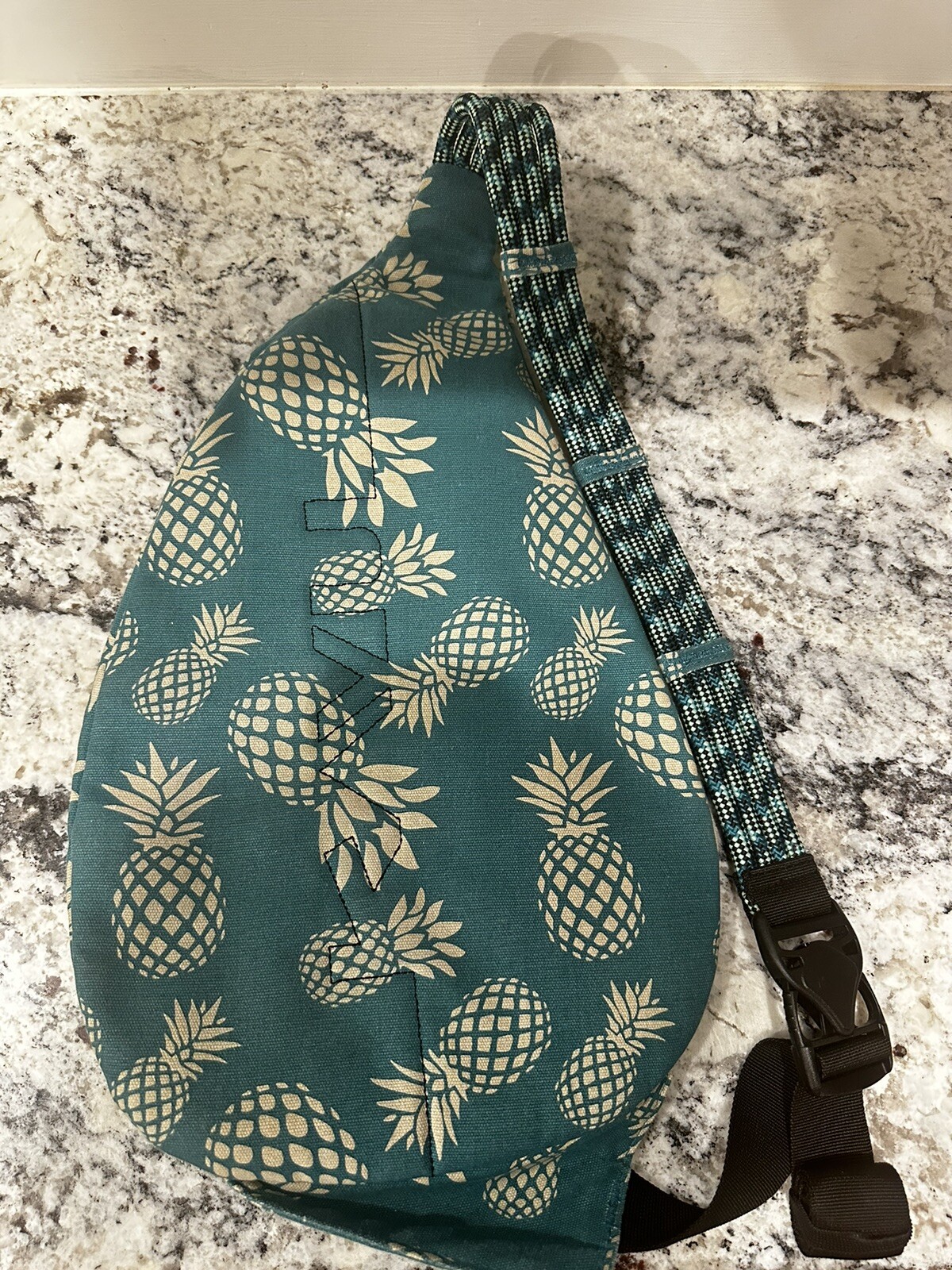 KAVU Original Rope Bag Sling Crossbody Teal Cream Purse, Pineapple Passion