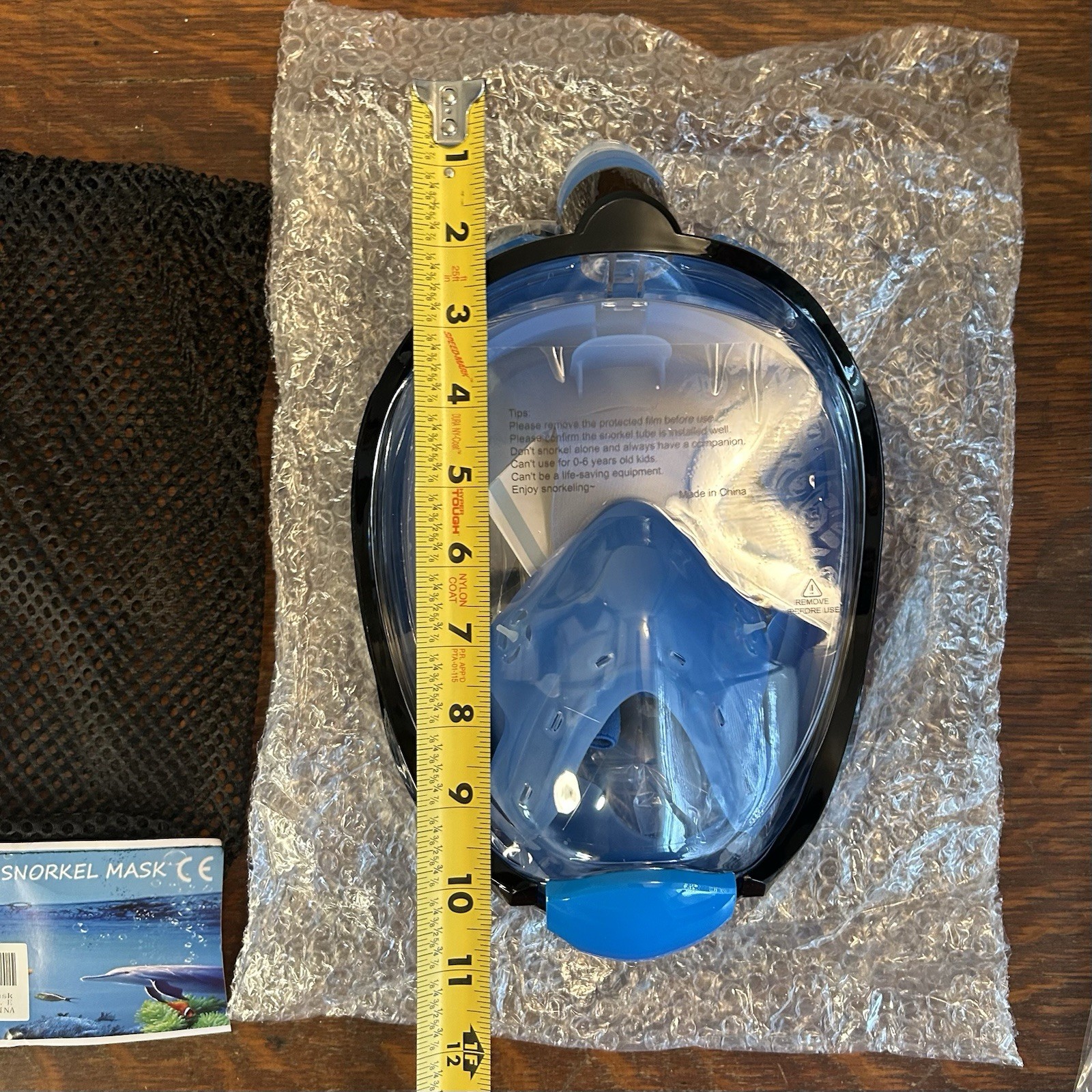 Full Face Snorkel Mask Adult Size L/XL Blue W Storage Bag, Manual, Accessories
