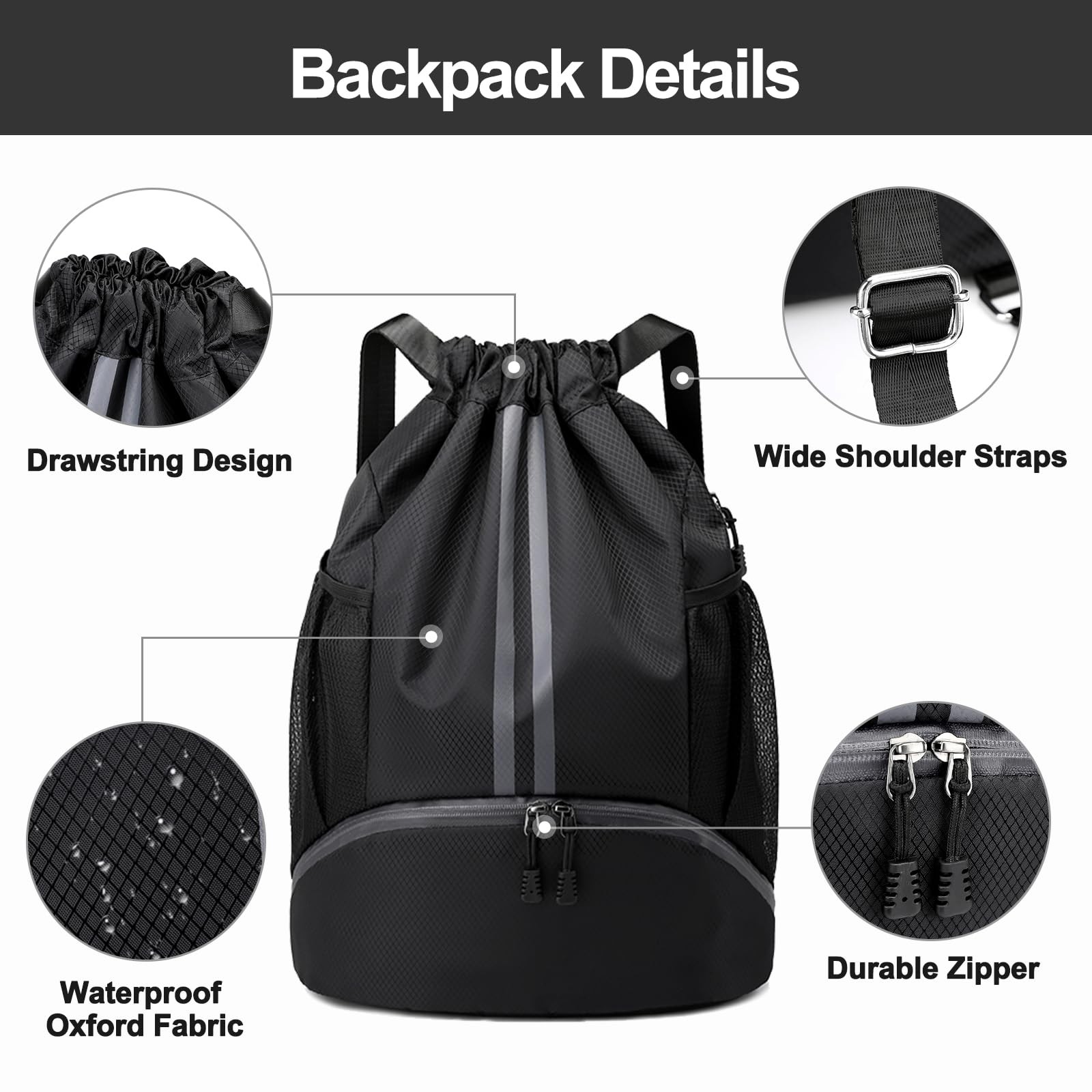 Hoedia Sports Drawstring Backpack – String Swim Gym Bag with Large, Black