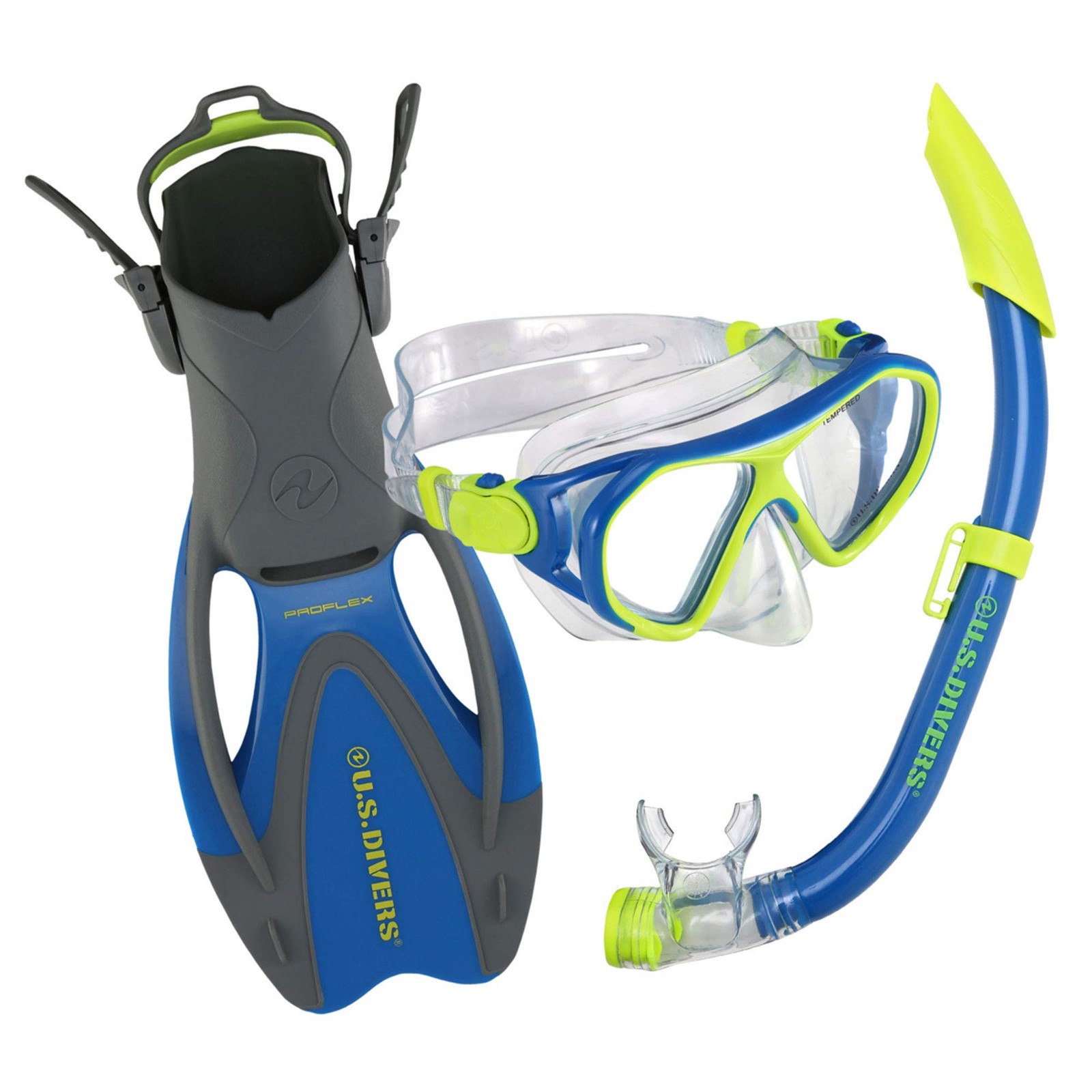 U.S. Divers Dorado II Junior Mask, ProFlex Fins, Large, Blue, Yellow