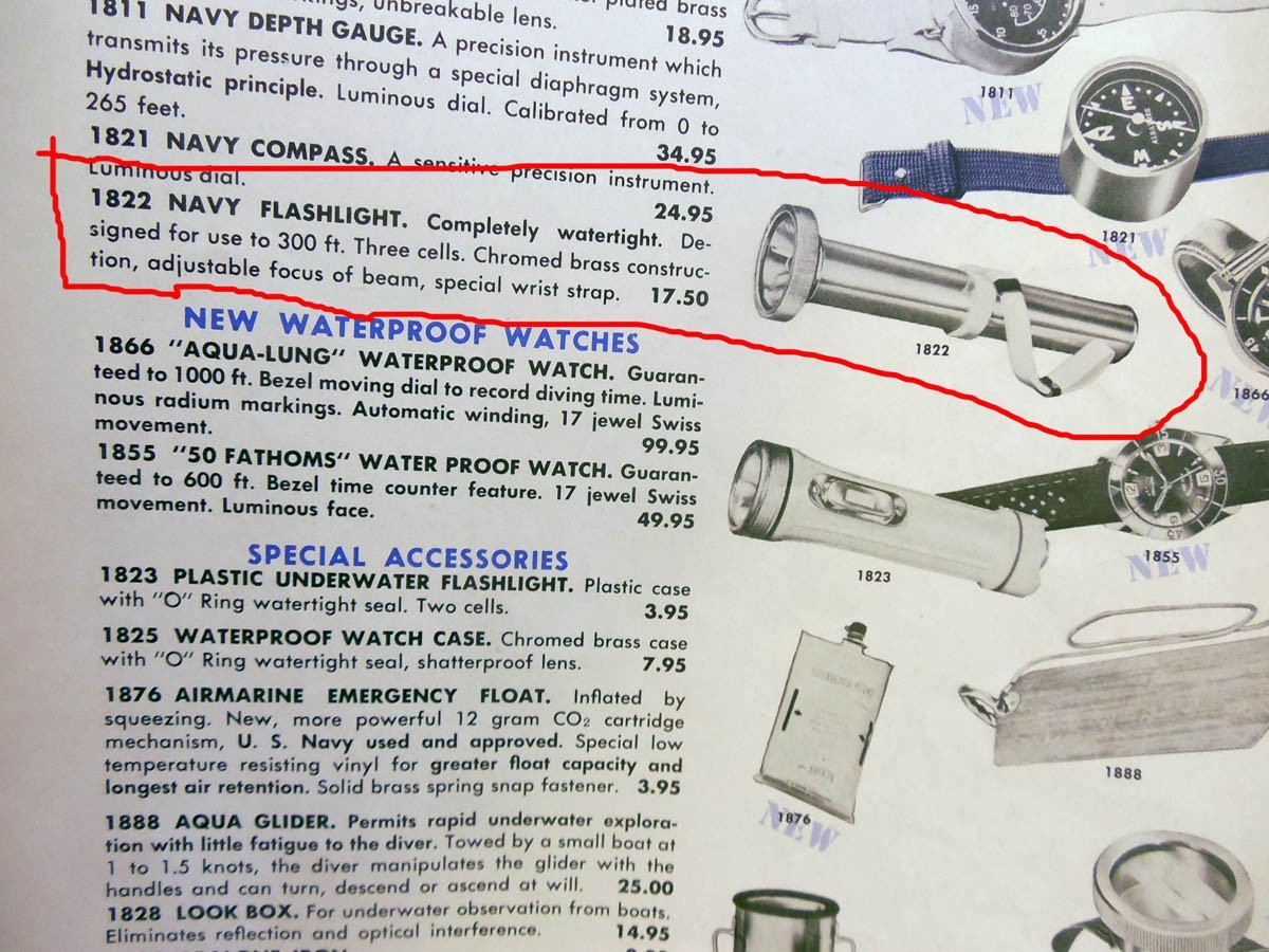 1960’s US DIVERS NAVY AQUALUX UNDERWATER D CELL FLASH LIGHT – NEW OLD STOCK