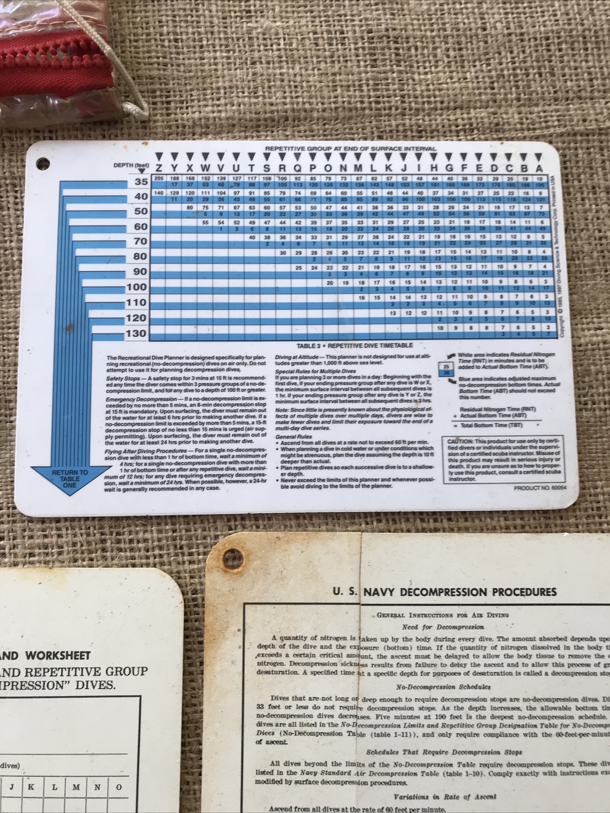 Vintage LOT Padi US Navy 2-Sided Recreational Dive Planner Decompression Table