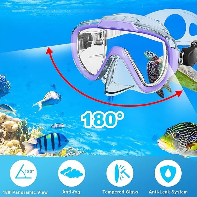 Zipoute Snorkel Dry Top Snorkeling Gear for Adults Panoramic Anti-Leak – PURPLE