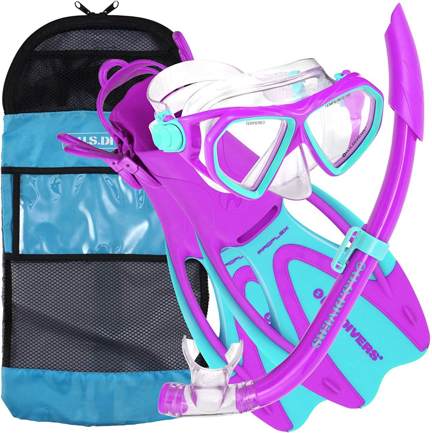 Junior Kids Dorado Mask, Proflex Fins, & Sea Breeze Snorkel Set with Carry Trave