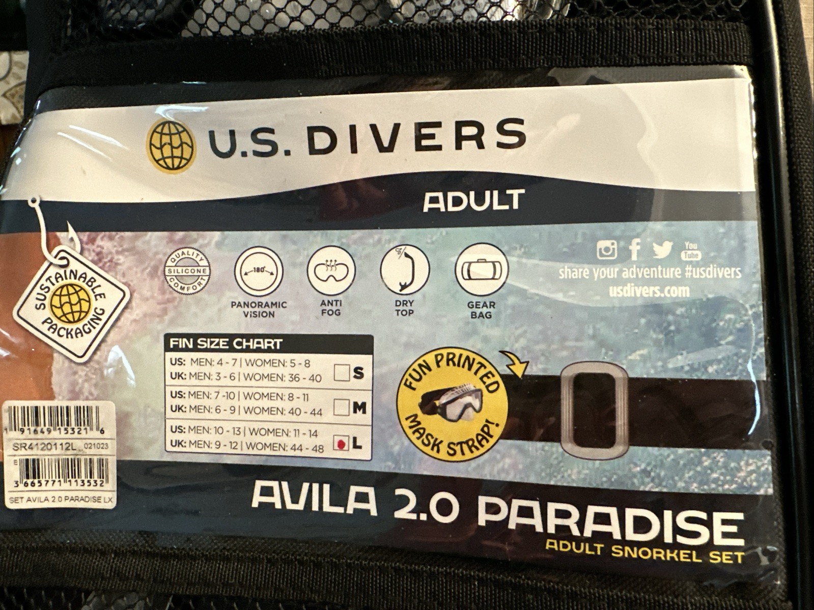 US Divers Adult Avila 2.0 Paradise Mask, Snorkel & Fins Black/Gray, Bag, Large