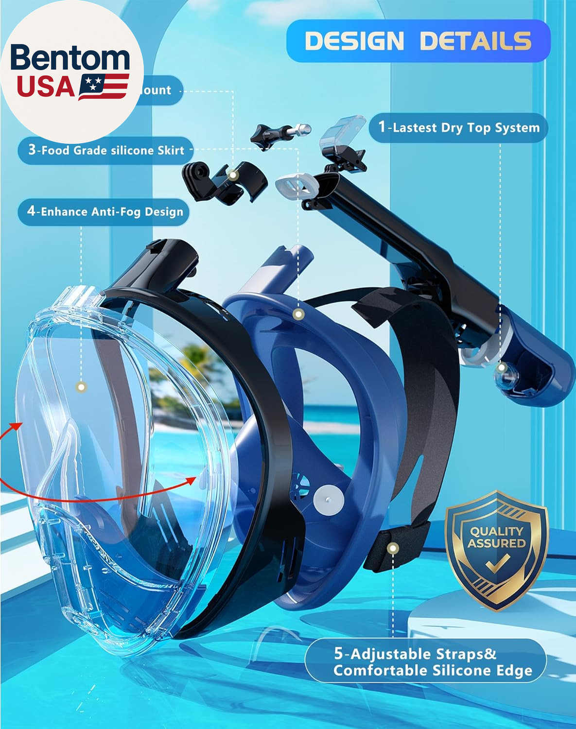Full Face Snorkel Mask, Snorkeling Gear for Adults with Latest Dry Top Breathing