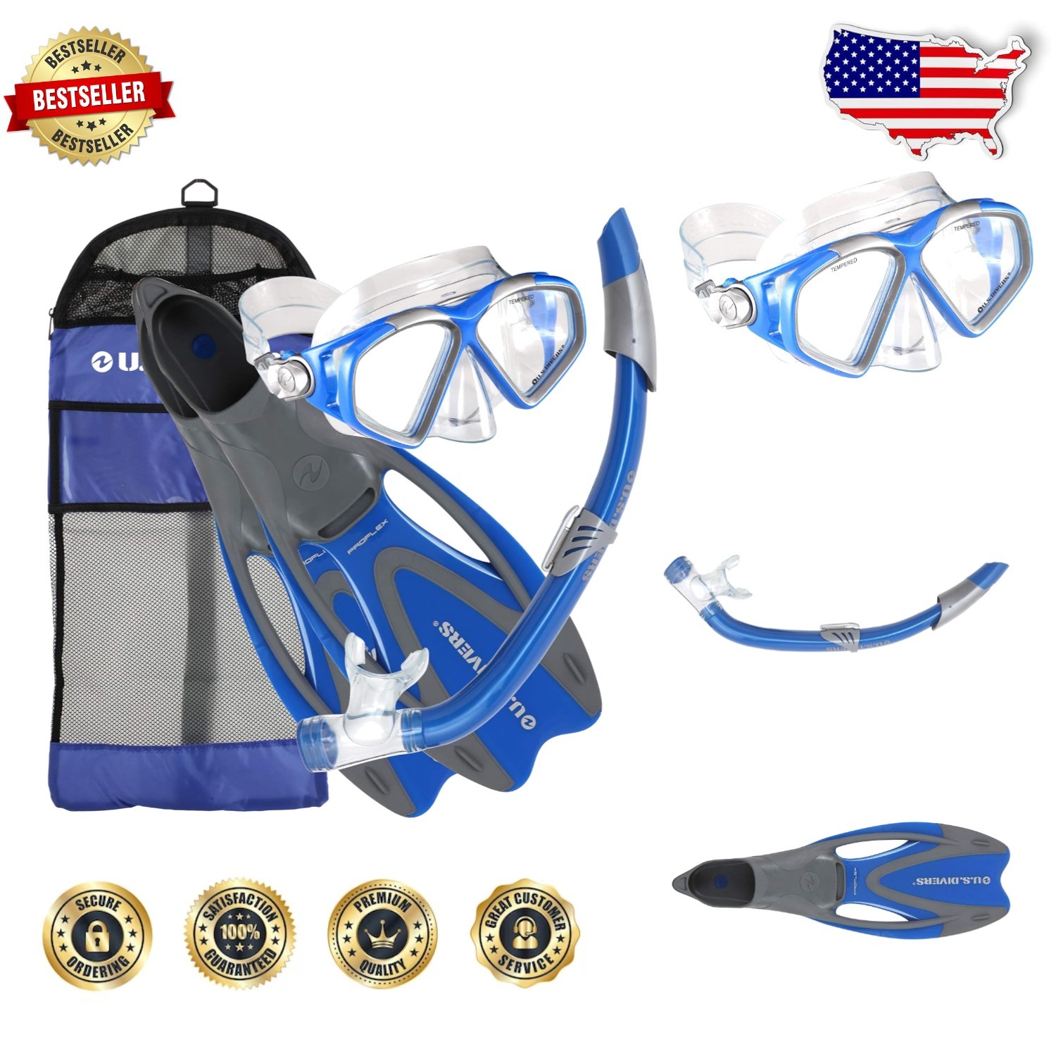 Adult Snorkel Set Electric Blue X-Large Fins Bag Tempered Glass
