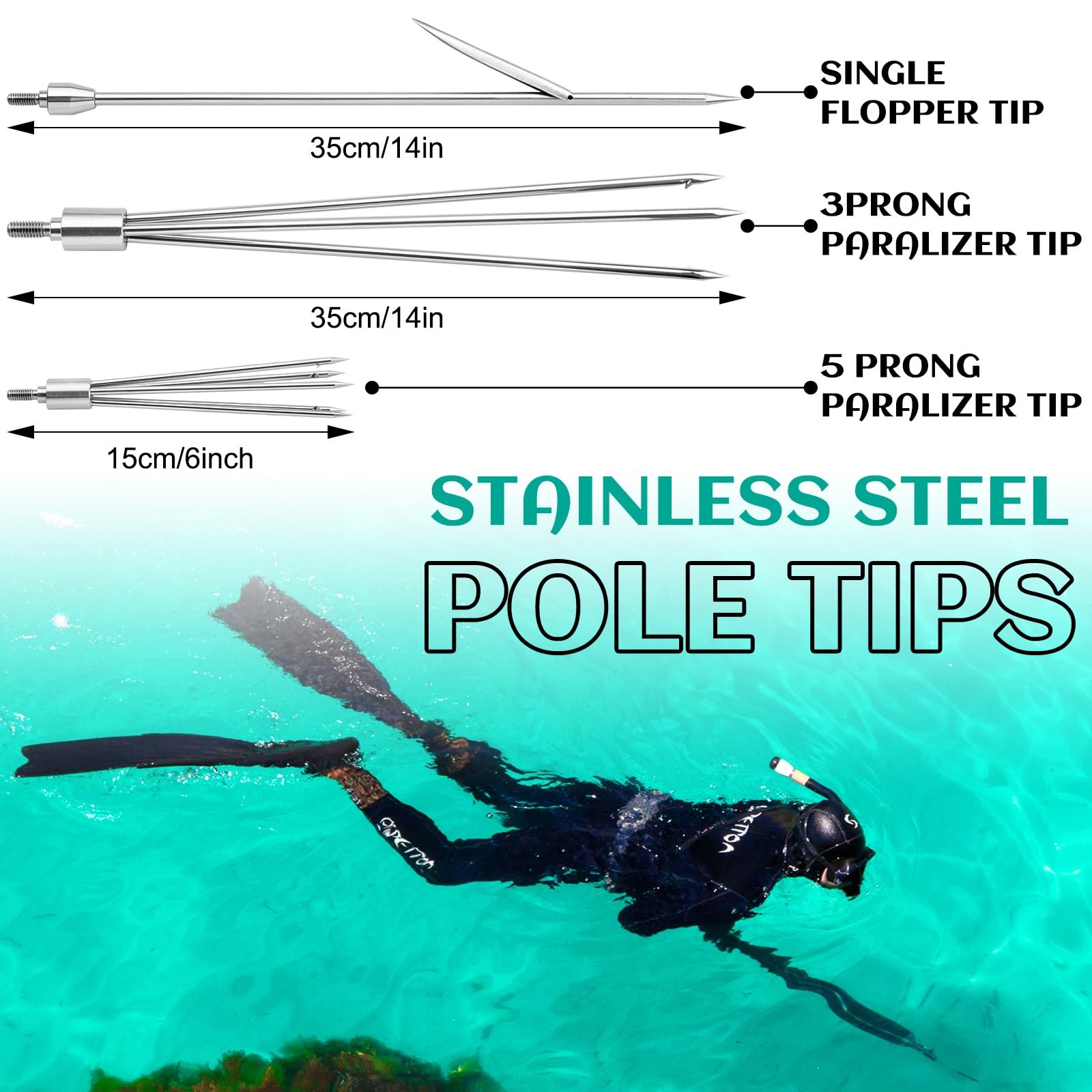 14 Pcs Hawaiian Sling Fishing Spear Set Fiberglass Pole Spear with 3 Prong Ti…