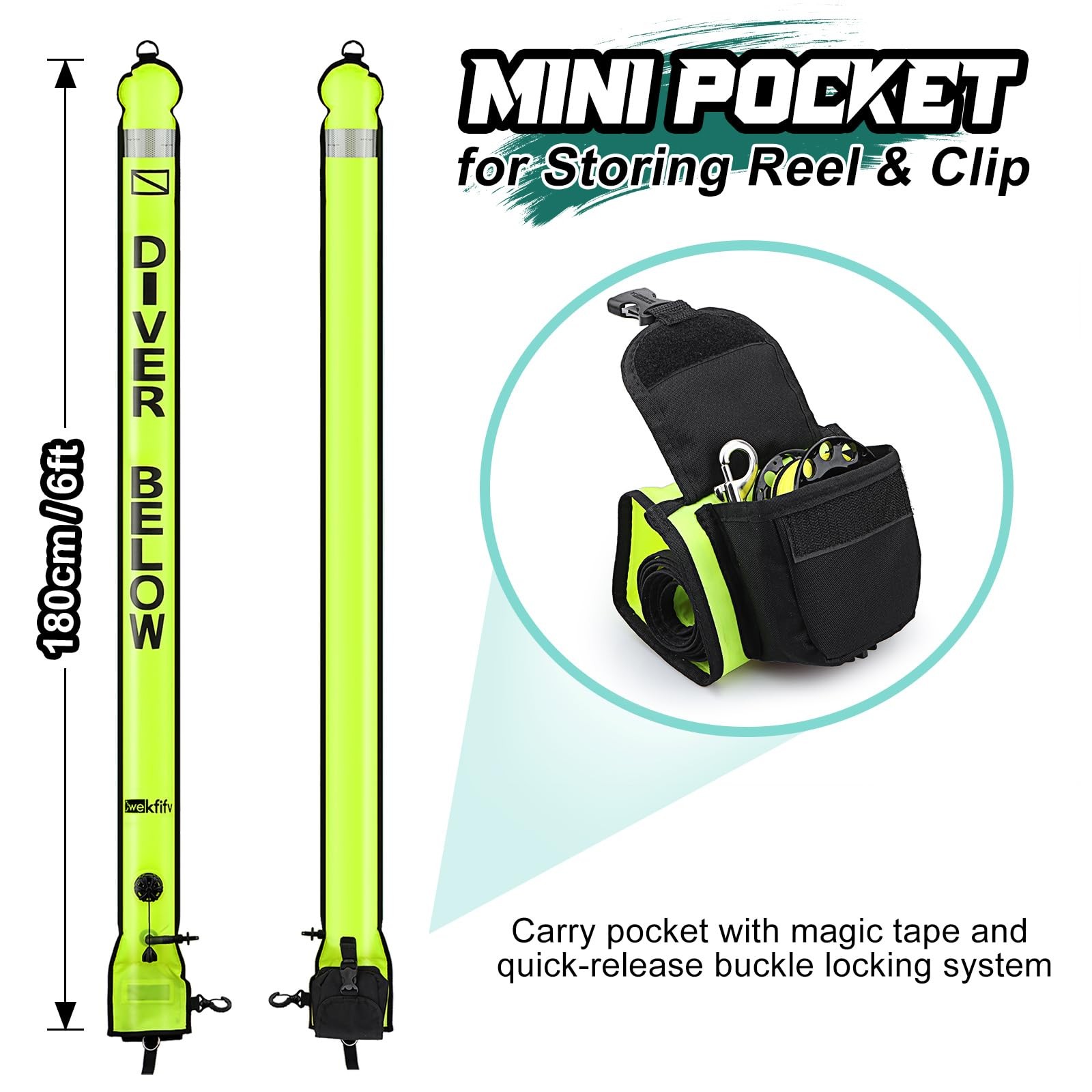 Surface Marker Buoy Scuba with Reel, 6ft/180cm High Visibility Diving Open Bo…
