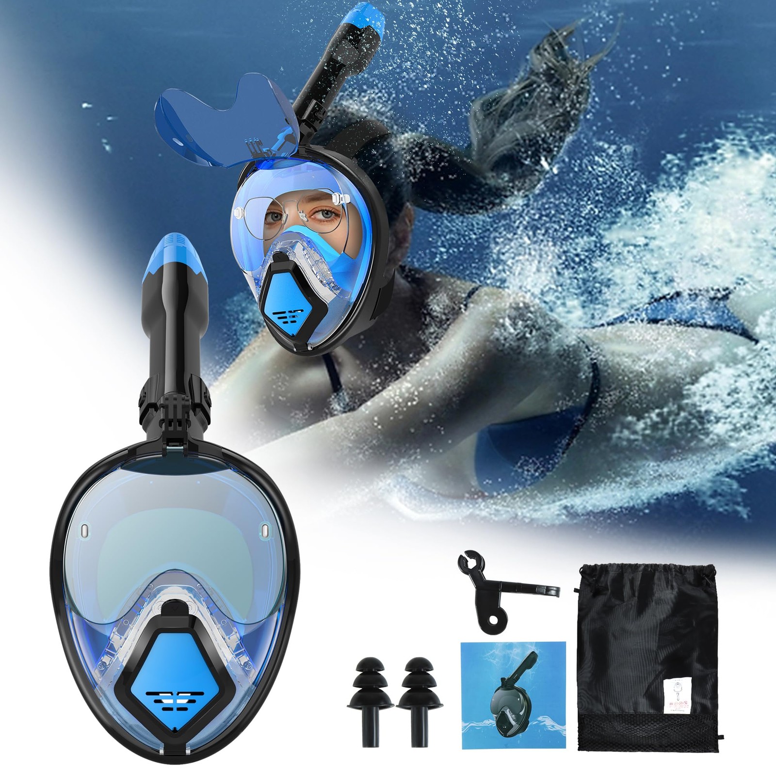 Full Face Snorkel Mask-Latest Dry Top Breathing System X-Large, Black Blue