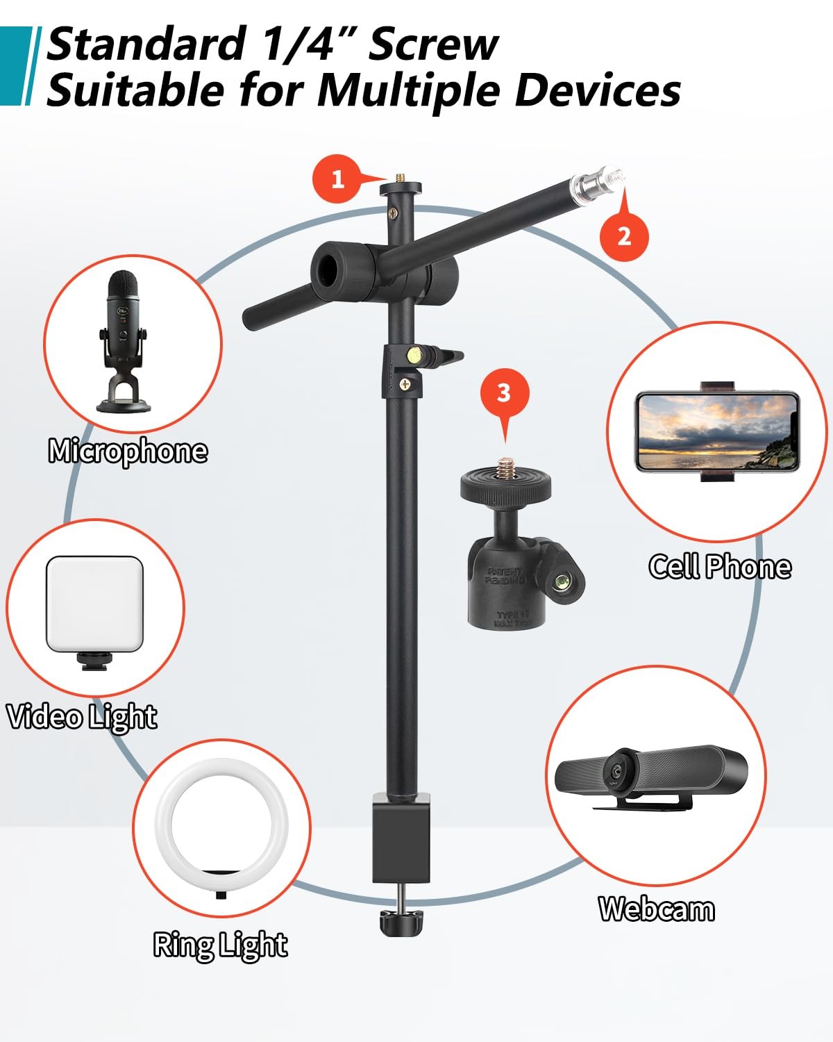 Overhead Camera Mount Desk Stand, Arm Clamp 1DFPGBL, Black