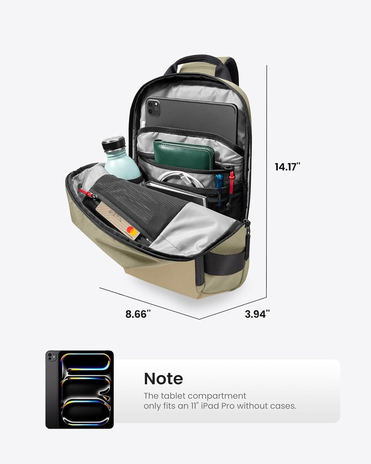 tomtoc Compact EDC Sling Bag, Minimalist Chest XS for 11-inch iPad Pro, Khaki