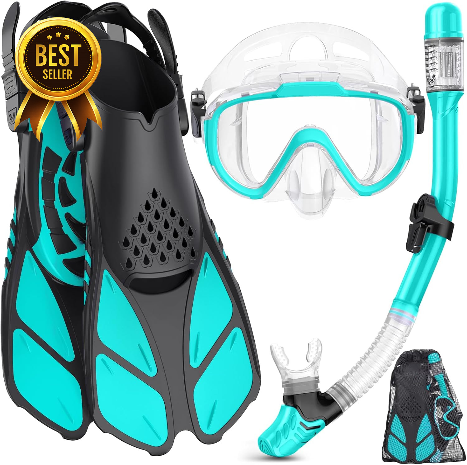 4 in 1 Snorkeling Set Adults Panoramic Mask Dry Top Snorkel Fins Travel Bag