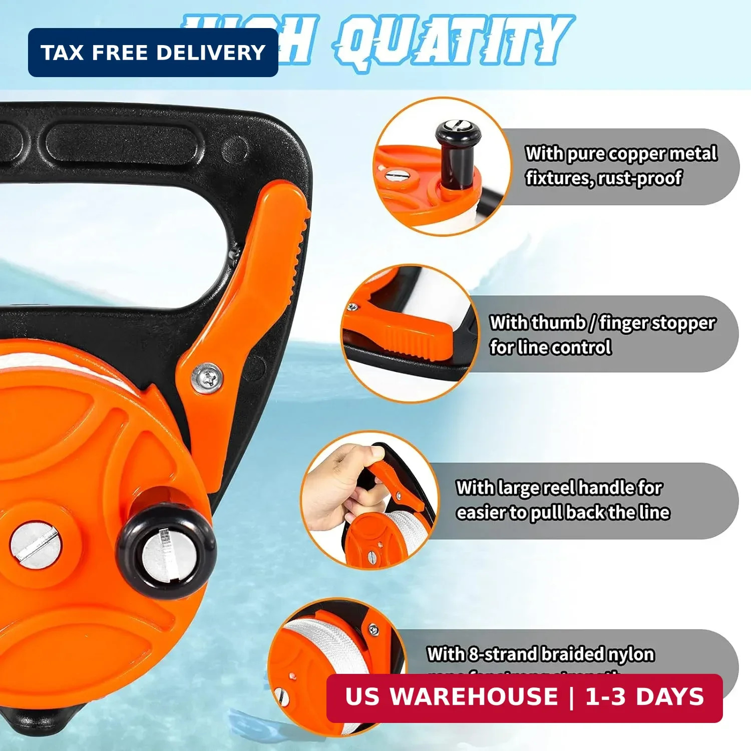 Compact 150ft Scuba Dive Reel Kayak Anchor with Thumb Stopper for Safety Underwa