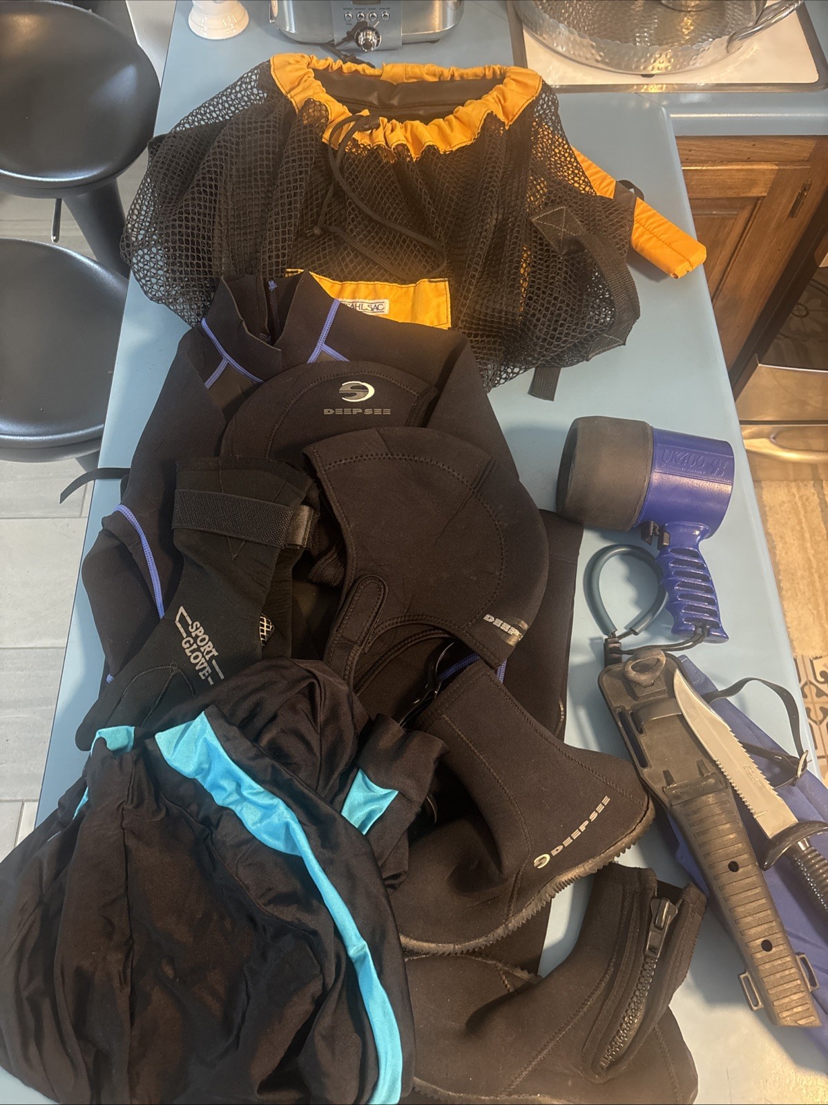 Diving Gear / Stahlsac Mesh Bag, Deep See Suit, Cap, Boots, UK400 Light, Knife++
