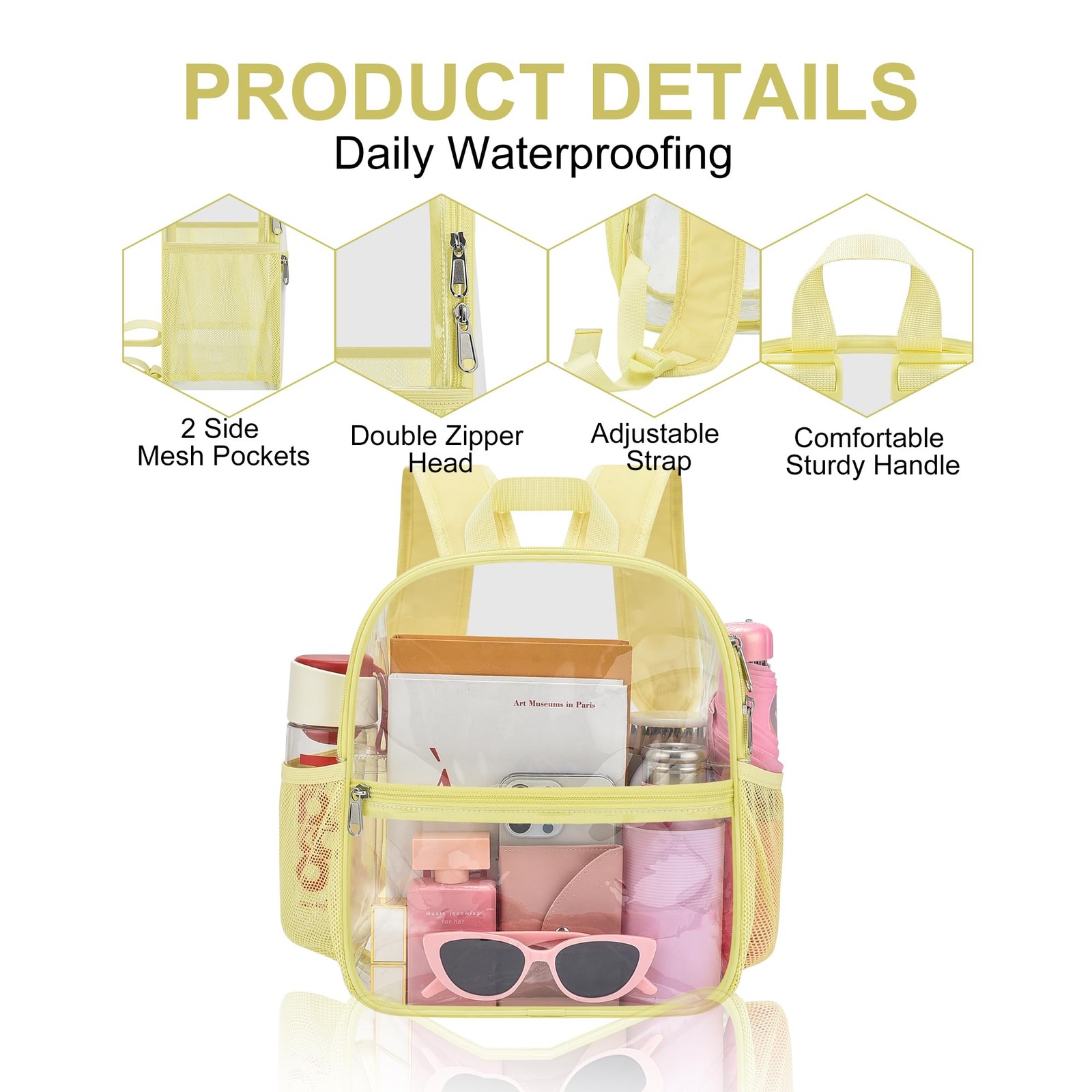 Oraben Clear Backpack Stadium Approved, 12 x 6 x 11 in, Small, Yolk Yellow