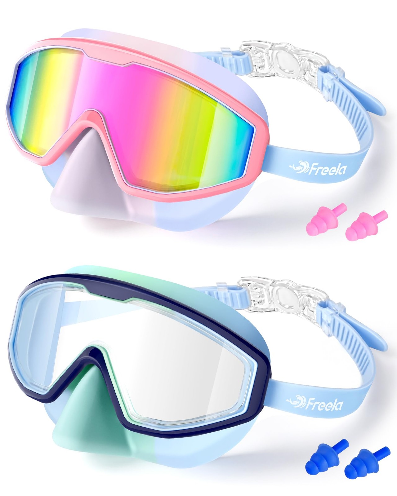 Freela 2 Pack Kids Swim Goggles for 6-14 One Size, Light Purple & Blue