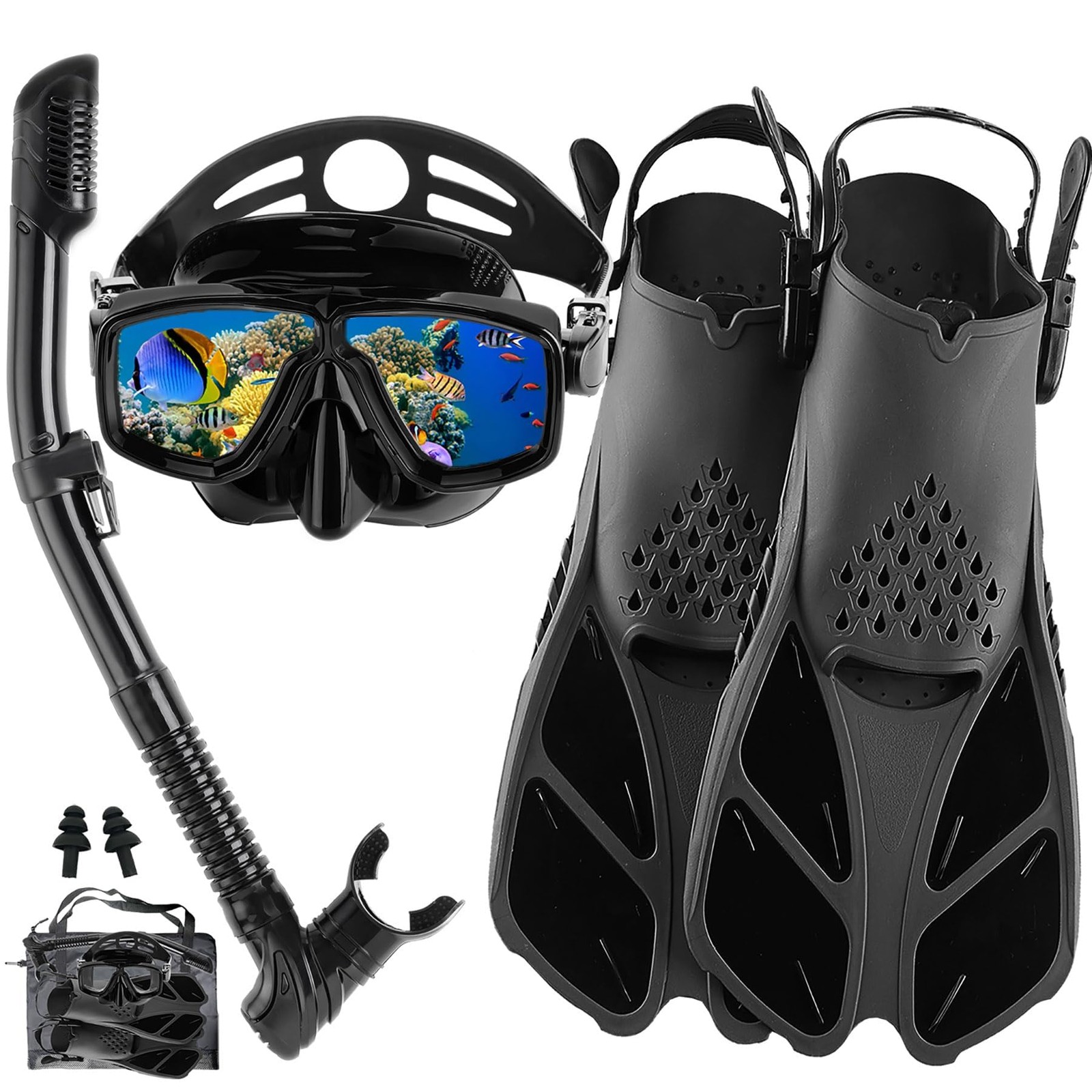 DiVLMT Snorkeling Gear for Adults US Men 9-13 | Lady 10-14, Solid Black