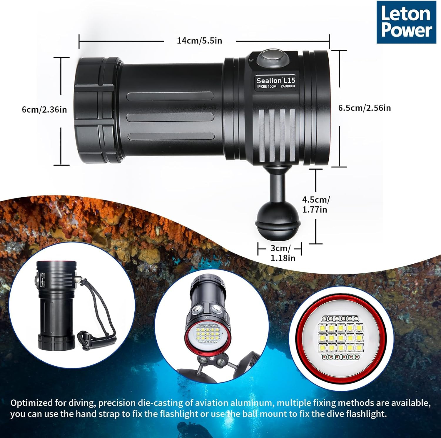 L15 10000 Lumens Underwater Video Light – 100M (330Ft) Waterproof Dive Video Lig
