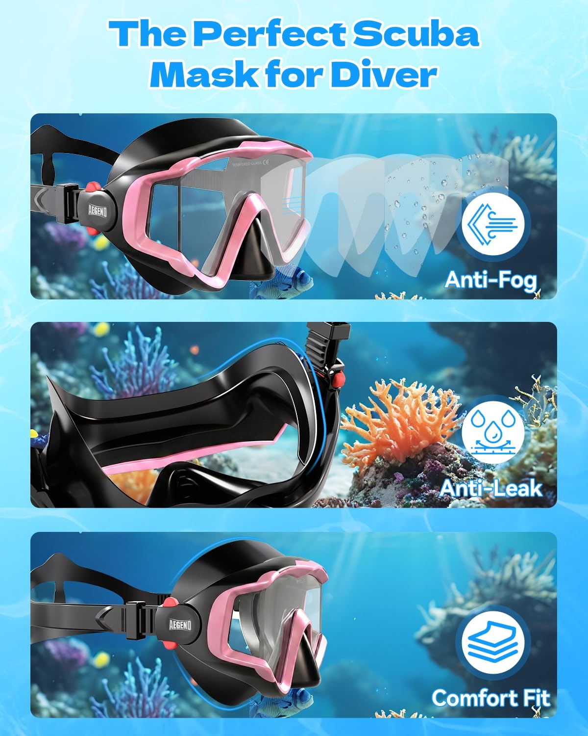 Aegend Snorkel Diving Mask For Adult Men Women Diving Goggles Anti-Fog Tempered