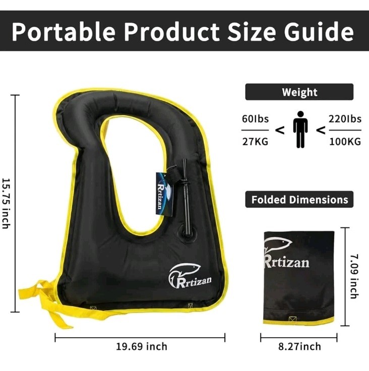 Rrtizan Snorkel Vest, Adults Portable Inflatable Swim Vest One Size, Black