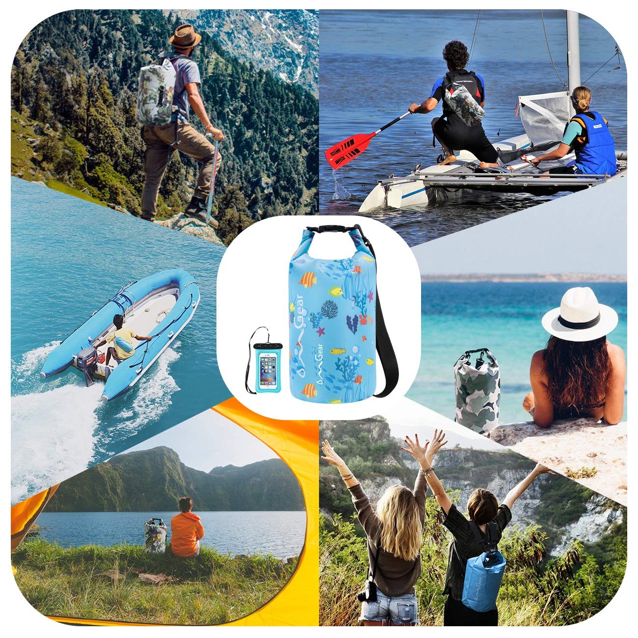 OMGear Waterproof Dry Bag Camping Gear Must Haves Sack With 2L, Blue Fish