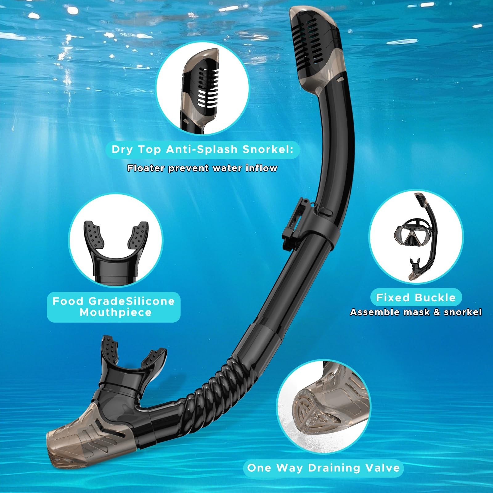 Snorkeling Gear for Adults, Dry Snorkel, Mask Set Adult, Diving Gray+Blue