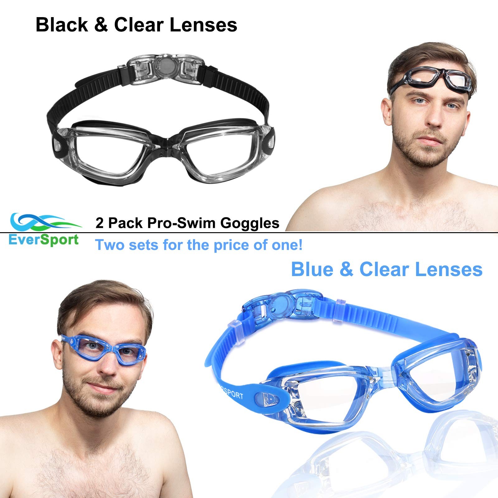 EverSport Swim Goggles, Swimming Glasses for Adult Men Crystal Blue & Black