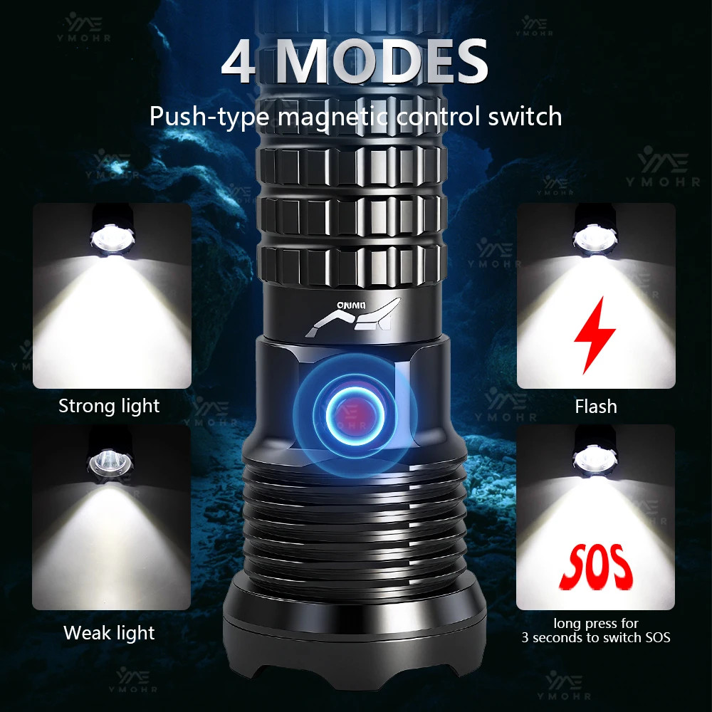 IPX8 Waterproof Diving Flashlight 3000LM Aluminum Dive Torch USB Rechargeable