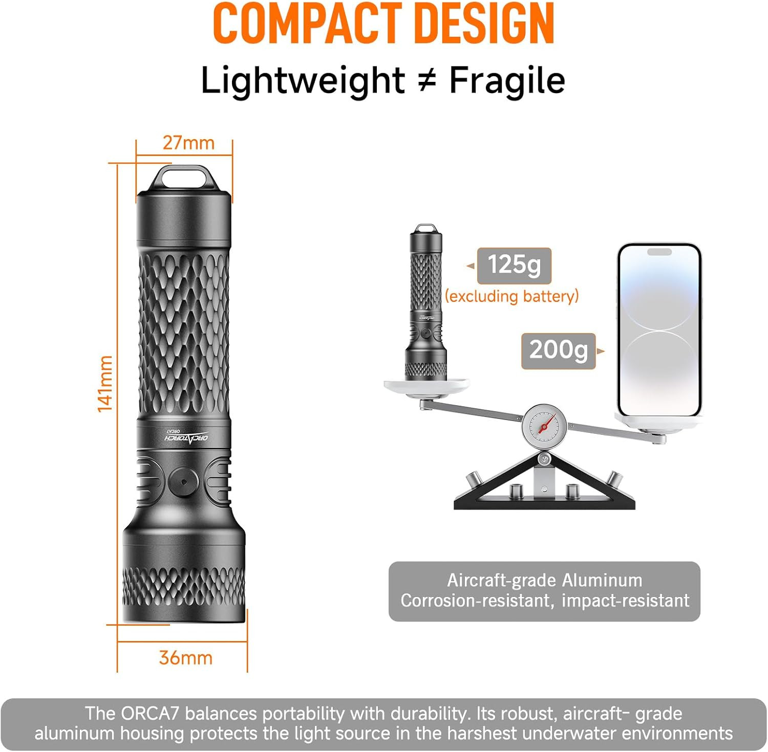 ORCATORCH ORCA7 Dive Light, 3000 Lumens SOS Signal Scuba Diving Flashlight, 6° N
