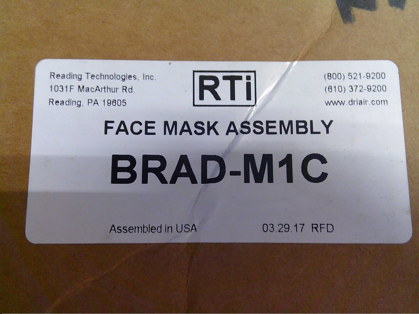 RTi BRAD-M1C Full Face Mask NEW IN ORIGINAL PACKAGING