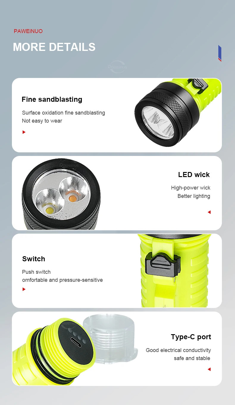 Professional Diving Flashlight IPX8 USB Rechargeable Light Scuba Diving Torch